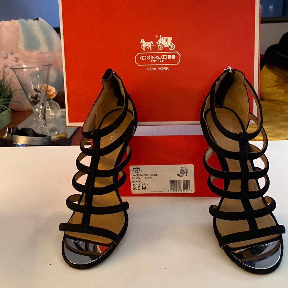 Classic black suede high heeled sandals by Coach.